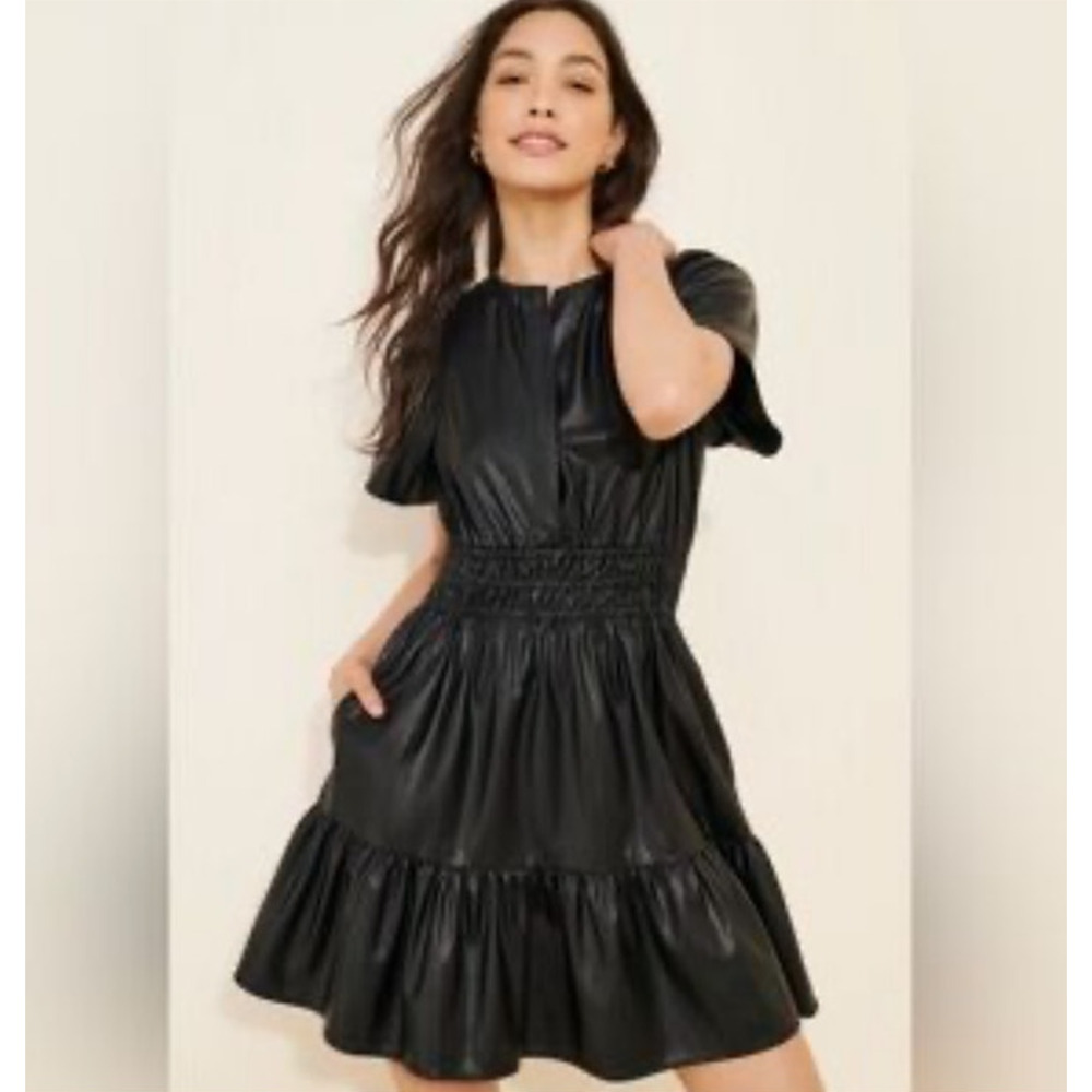 Anthropologie Somerset Faux Leather Mini Dress Womens Medium Black Pockets - Picture 2 of 12
